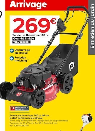 Castorama Tondeuse thermique 140 cc 46 cm e-start démarrage électrique offre