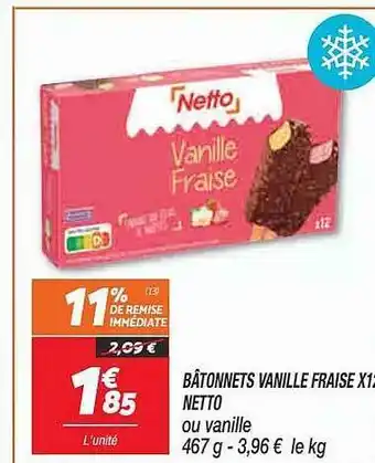 Netto Bâtonnets Vanille Fraise X 12 Netto offre