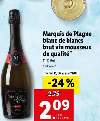 Lidl Marquis de Plagne Blanc de Blancs Brut Vin Mousseux de Qualité offre