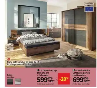Lit Dolce Cottage 140 X 190 Cm + 2 Chevets, Armoire Dolce Cottage 2 Portes Coulissantes