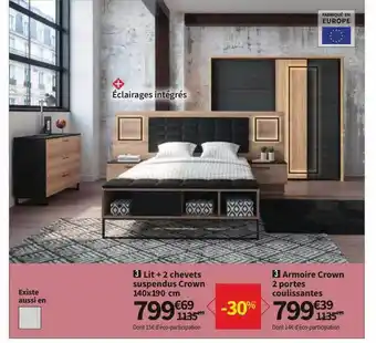 Conforama Lit + 2 Chevets Suspendu Crown 140 X 190 Cm, Armoire Crown 2 Portes Coulissantes offre