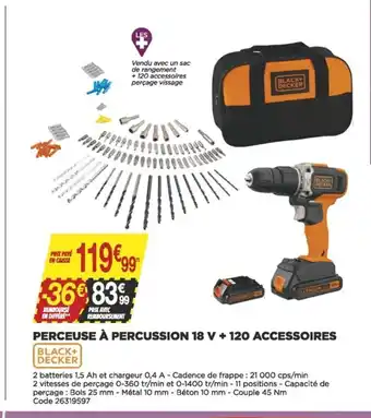 Bricomarché Perceuse à Percussion 18v +120 Accessoires offre