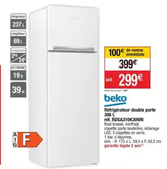 Cora x Carrefour Réfrigérateur double porte 306 L réf. RDSA310K30WN offre