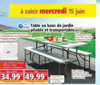 Norma Table Ou Banc de Jardin Pliable Et Transportable offre