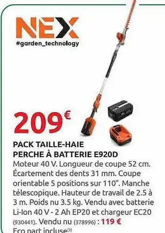 Rural Master Pack Taille-haie Perche à Batterie E920d Nex Garden Technology offre