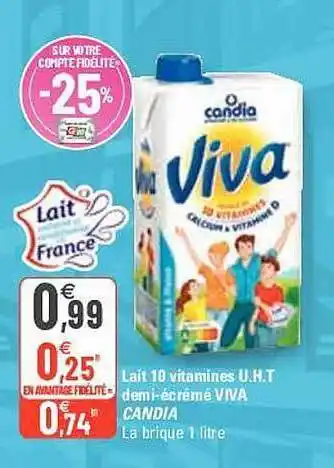 G20 Lait 10 Vitamines Uht Demi-écrémé Viva Candia offre
