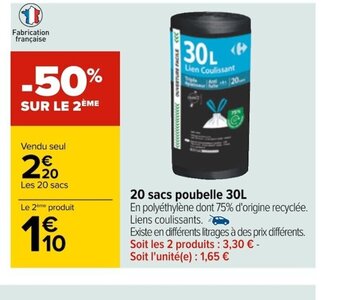Carrefour 20 Sacs Poubelle 30L offre