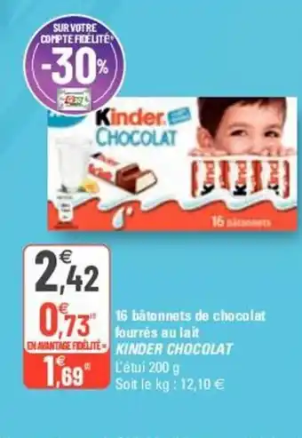 G20 Kinder Chocolat 16 Bâtonnets de Chocolat Fourrés Au Lait offre