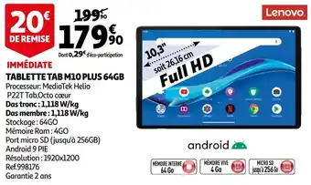 Auchan Lenovo tablette tab m10 plus 64gb offre