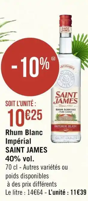 Géant Casino Saint james rhum blanc impérial 40% vol. offre