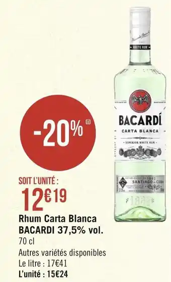 Géant Casino Bacardi rhum carta blanca 37,5% vol. offre
