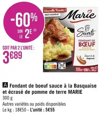 Géant Casino Marie fondant de boeuf sauce à la basquaise et écrasé de pomme de terre offre