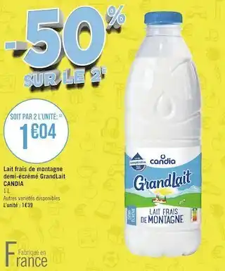 Géant Casino Candia lait frais de montagne demi-écrémé grandlait offre