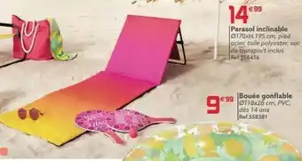 Gifi 14€9⁹ parasol inclinable 0170xh.195 cm, pied acier, toile polyester, sac de transport inclus ref.558416 bouée gonflable 011 offre