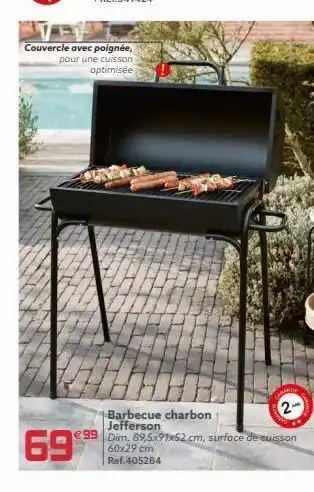Gifi 69% carant barbecue charbon 2 jefferson €99 dim. 89,5x91x52 cm, surface de cuisson 60x29 cm ref.405284 offre