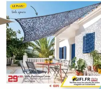 Le plus ! voile ajourée €99 voile d'ombrage corse dim, 300x300 cm, polyester, ref.578848 29€ ◄ gifi agifi.fr click& col