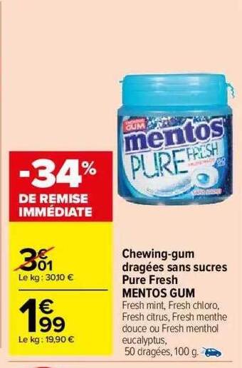 Carrefour Market Chewing-gum Dragées Sans Sucres Pure Fresh Mentos Gum offre