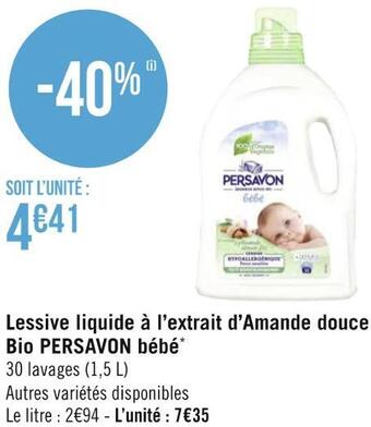Géant Casino Persavon lessive liquide à l’extrait d’amande douce bio bébé* offre