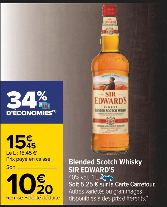 Promo Sir edward's blended scotch whisky chez Carrefour