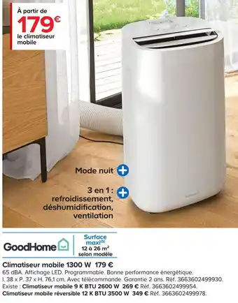 Castorama Goodhome climatiseur mobile 1300 w offre