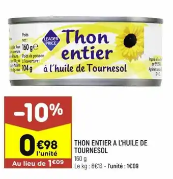 Leader Price Thon entier a l'huile de tournesol offre