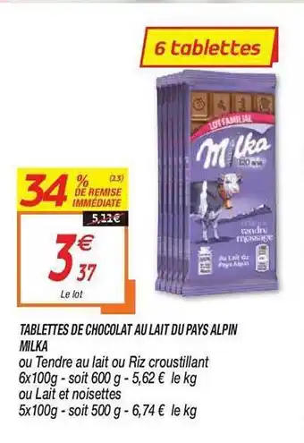Netto Tablettes De Chocolat Au Lait Du Pays Alpin Milka offre