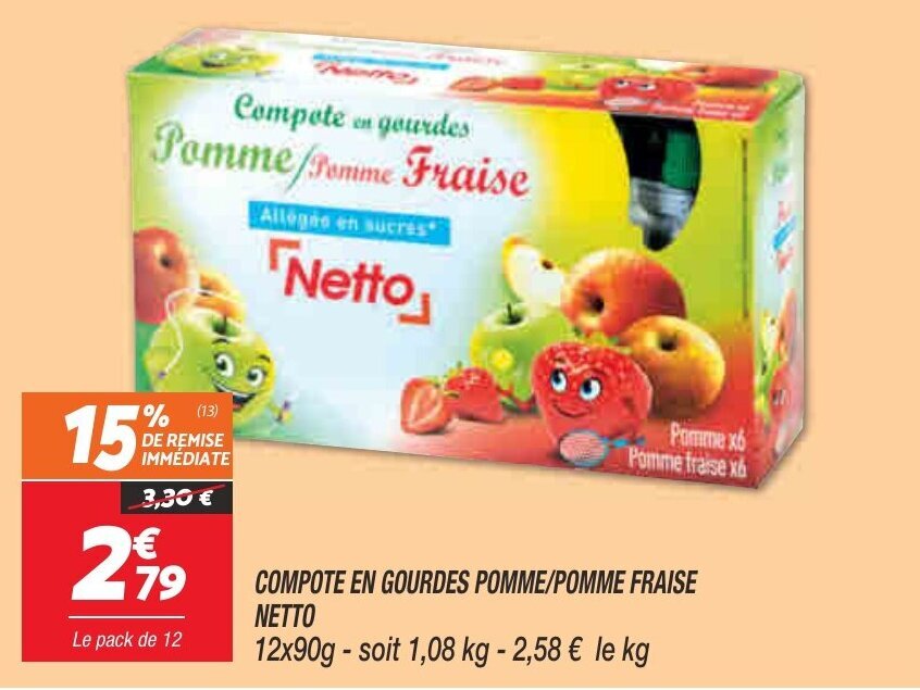 Promo Compote en gourdes pomme/pomme fraise netto chez Netto