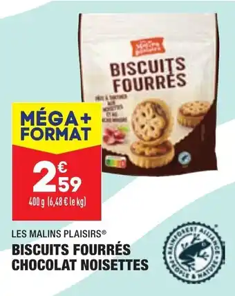 ALDI LES MALINS PLAISIRS biscuits fourrés chocolat noisettes offre
