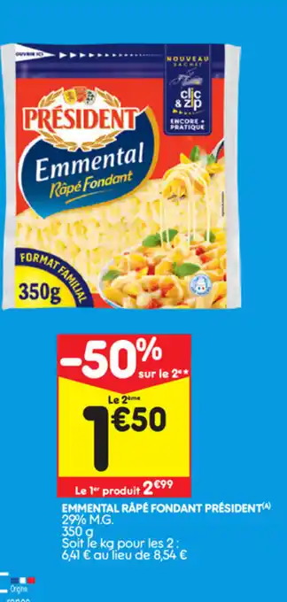 Leader Price Emmental Râpé fondant Président offre