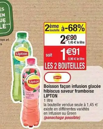 Cora x Carrefour Boisson Façon Infusion Glacée Hibiscus Saveur Framboise Lipton 2ème Pack à -68% offre