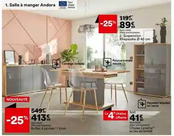BUT Salle à Manger Andora : Suspension Rhapsodie ø 40 Cm, Buffet 4 Portes-1 Tiroir, Chaise Lynette offre