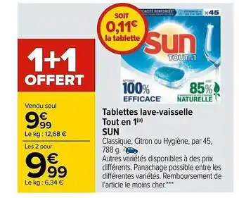 Carrefour Tablettes Lave-vaisselle Tout En 1 Sun 1+1 Offert offre