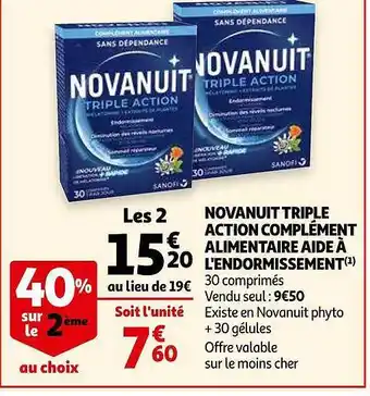Auchan Novanuit Triple Action Complément Alimentaire Aide à L'endormissement 40% Sur Le 2ème offre