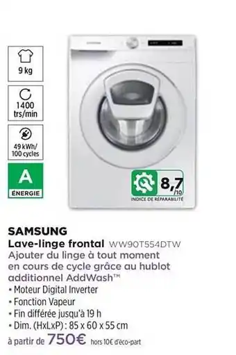 Pulsat Lave-linge Frontal Samsung Ww90t554dtw offre
