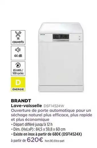 Pulsat Lave-vaisselle Brandt Dsf14524w offre