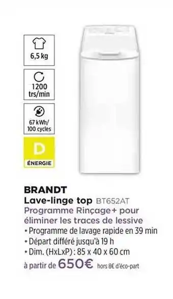 Pulsat Lave-linge Top Brandt Bt652at offre