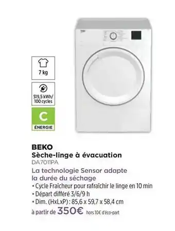 Pulsat Sèche-linge à évacuation Beko Da7011pa offre