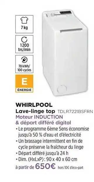 Pulsat Lave-linge Top Whirlpool Tdlr7221bsfrn offre