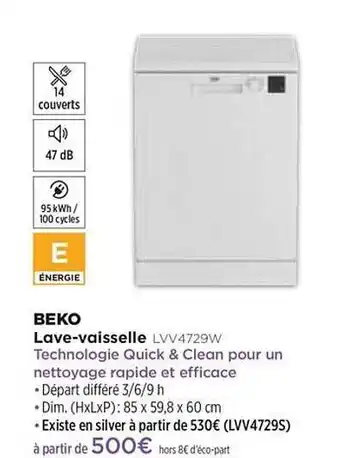 Pulsat Lave-vaisselle Beko Lvv4729w offre