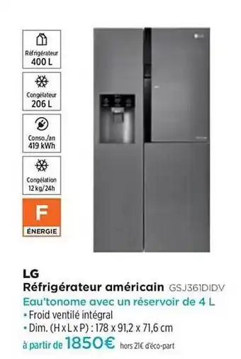 Pulsat Réfrigérateur Américain Lg Gsj361didv offre