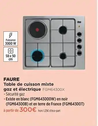 Pulsat Table De Cuisson Mixte Gaz & électrique Faure Fgm64300x offre