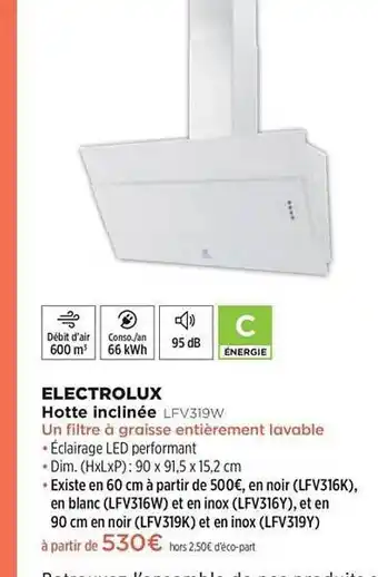Pulsat Hotte Inclinée Electrolux Lfv319w offre