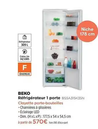 Pulsat Réfrigérateur 1 Porte Beko Bssa315k3sn offre