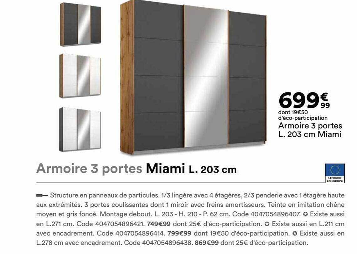 Promo Armoire 3 Portes L. 203 Cm Miami chez BUT