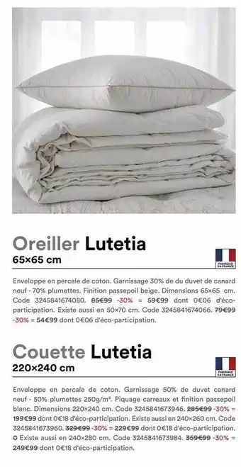 BUT Oreiller Lutetia 65 X 65 Cm, Couette Lutetia 220 X 240 Cm offre