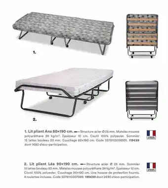 BUT Lit Pliant Ana 80 X 190 Cm, Lit Pliant Léa 90 X 190 Cm offre
