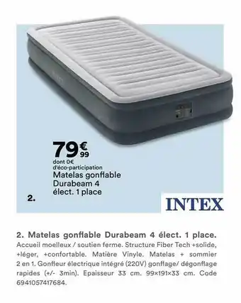 BUT Matelas Gonflable Durabeam 4 électrique 1 Place Intex offre