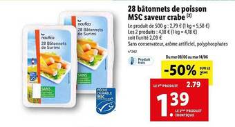 Lidl 28 Bâtonnets De Poisson Msc Saveur Crabe offre