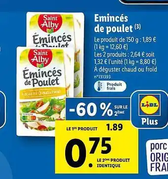 Lidl Emincés De Poulet Saint Alby offre