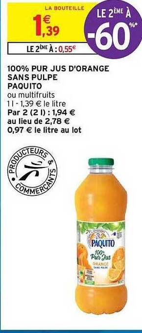 Intermarché Hyper 100% Pur Jus D'orange Sans Pulpe Paquito offre